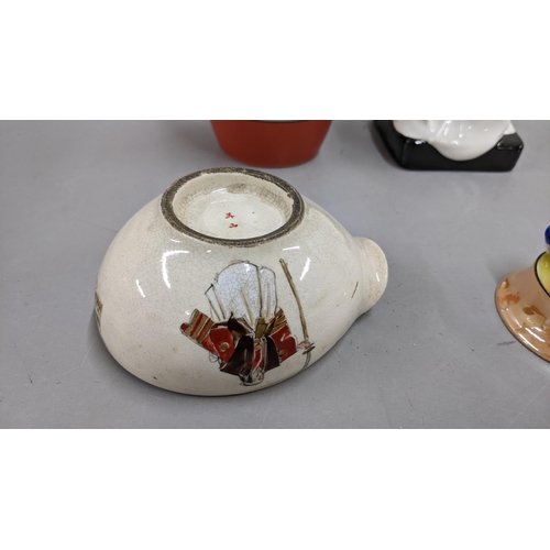 201 - A Royal Doulton Darling HN1219. Villeroy & Boch, flask, a Japanese satsuma pouring bowl and a Norita... 