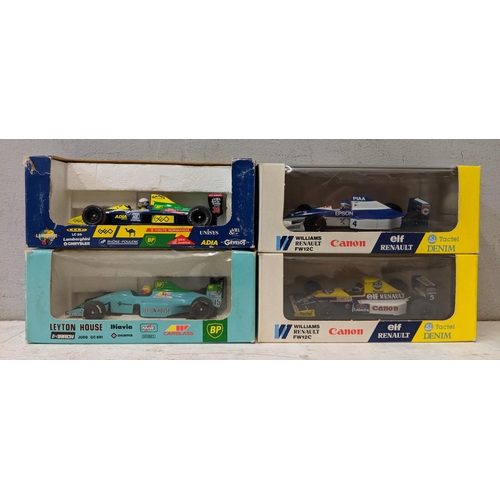 134 - A collection of seven boxed A/F F1 model cars to include Onyx Leyton House, Lamborghini Williams and... 