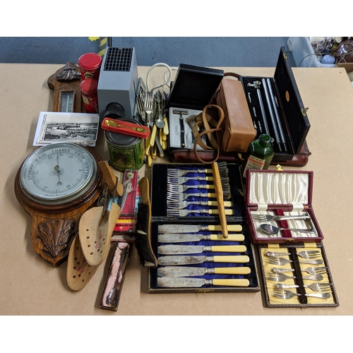 150 - A mixed lot to include; silver plated items, a aneroid barometer, a pair of wooden shoe stretchers a... 