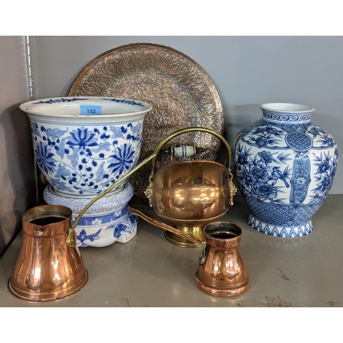 152 - A mixed lot to include a blue and white China plant pot and stand, two small Turkish coffee pots, an... 