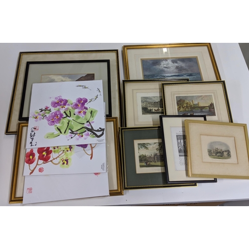 157 - A mixed lot of pictures to include a watercolour seascape, a print of Durham, a Sidney college and o... 