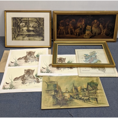 215 - A mixed lot of prints to include a framed print on board depicting various dog breeds and a cat, pri... 