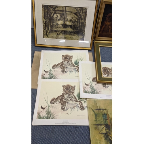 215 - A mixed lot of prints to include a framed print on board depicting various dog breeds and a cat, pri... 