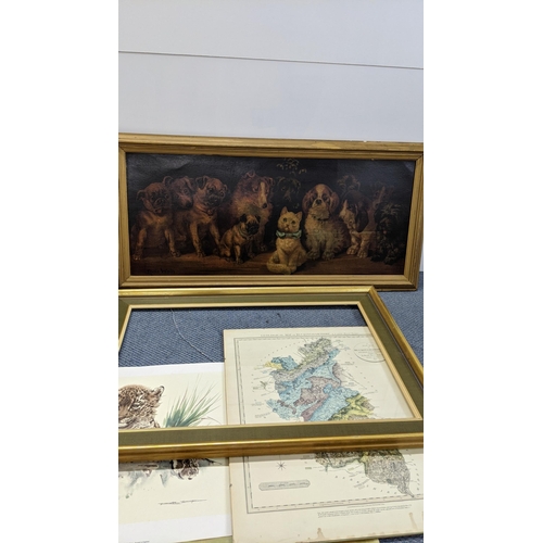 215 - A mixed lot of prints to include a framed print on board depicting various dog breeds and a cat, pri... 