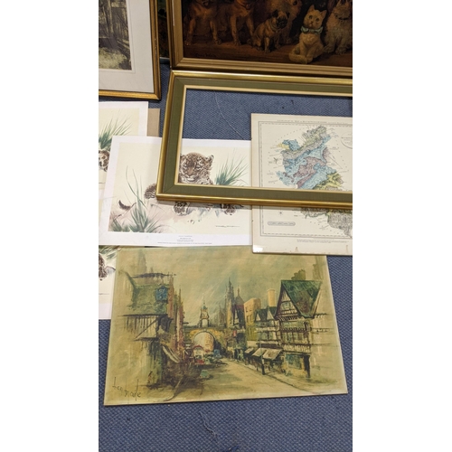 215 - A mixed lot of prints to include a framed print on board depicting various dog breeds and a cat, pri... 