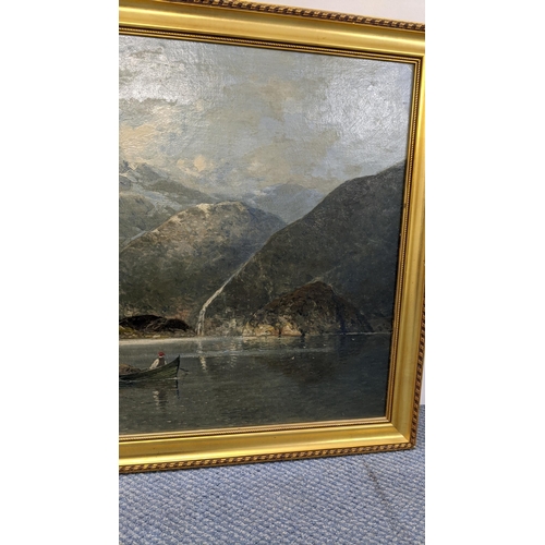 218 - An oil on canvas depicting a mountain lake scene and a man in his rowing boat
Location:LWF