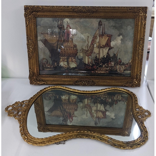 223 - A mid 20th century ornate gilt framed mirror together with a print depicting sailing boats and figur... 