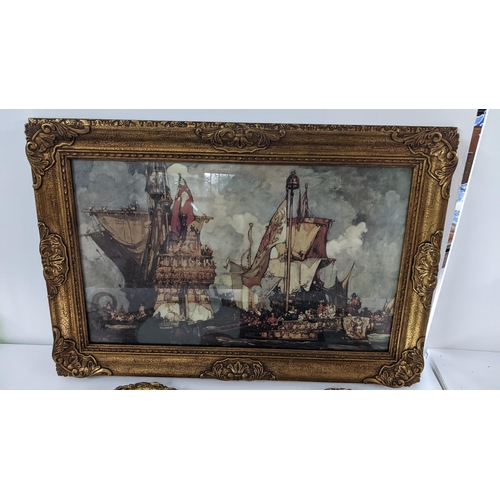 223 - A mid 20th century ornate gilt framed mirror together with a print depicting sailing boats and figur... 