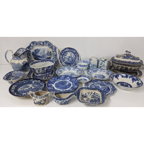 245 - A mixed lot of 19th century and later blue and white to include an Old Willow pattern soup tureen an... 