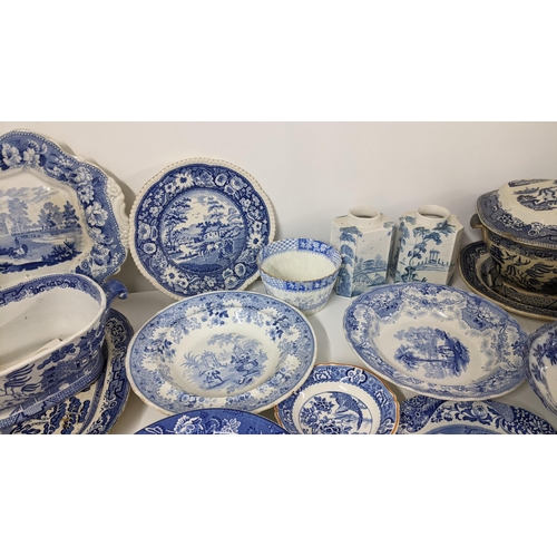 245 - A mixed lot of 19th century and later blue and white to include an Old Willow pattern soup tureen an... 