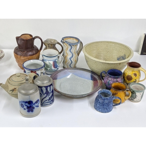 253 - A collection of art pottery to include a 19th century Stiff & Sons jug, two German tankards and othe... 