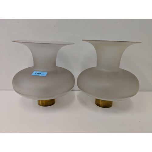 269 - A pair of brass candlesticks lamps with etched glass shades.
Location:A1F