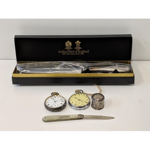 270 - Collectables to include a silver pocket watch and a box and fruit knife, a bread knife and a pocket ... 