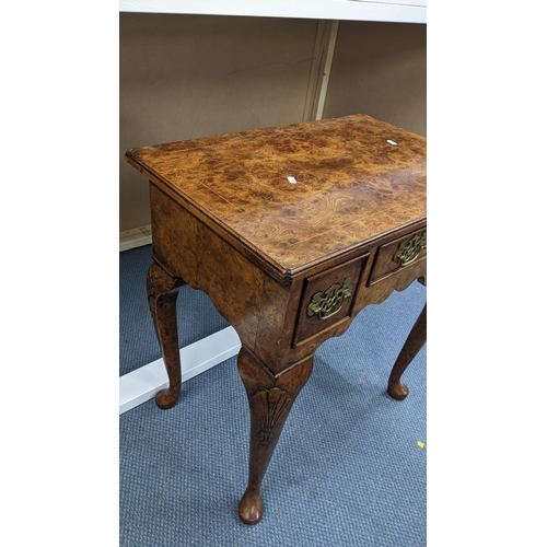 320 - A Georgian inspired burr yew quarter cut veneered low boy having three drawer on pad feet 72.5hx68.5... 