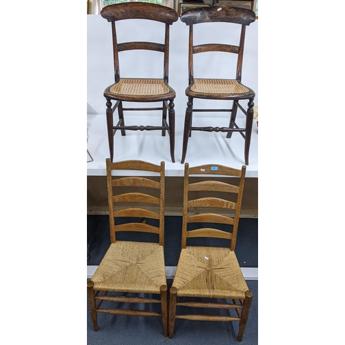 321 - A pair of 19th century bar back chairs together with a pair of oak ladder back rush seated chairs
Lo... 