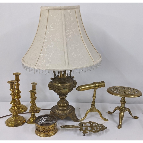 326 - Mixed brassware to include a cast Grecian style twin handled table lamp, goffering iron and other it... 