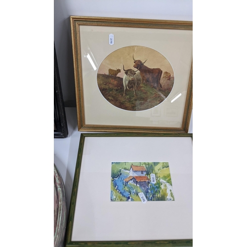 327 - Mixed pictures and mirrors to include a watercolour depicting Highland cows, framed map and others
L... 