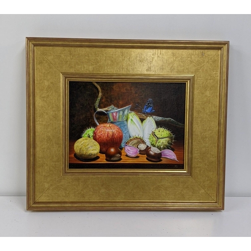 331 - Jean - Pieine Walter oil on board 22cm x 29.5cm Still life, depicting fruit, a butterfly, a jug and ... 