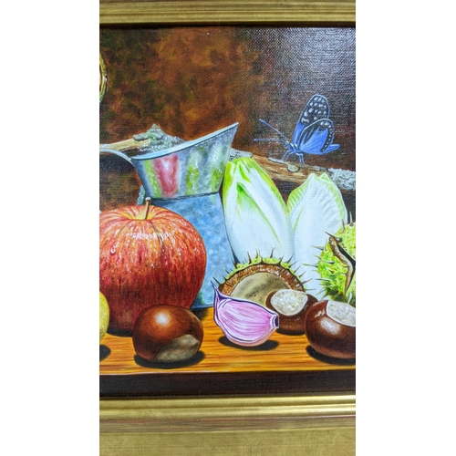 331 - Jean - Pieine Walter oil on board 22cm x 29.5cm Still life, depicting fruit, a butterfly, a jug and ... 