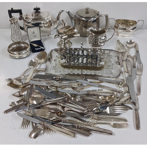 345 - Mixed silver plate to include a tea set, toast rack, cutlery etc. together with a silver coaster, si... 