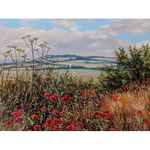 401 - Deborah Poynton oil on canvas depicting a landscape with hills in the background and poppies in the ... 