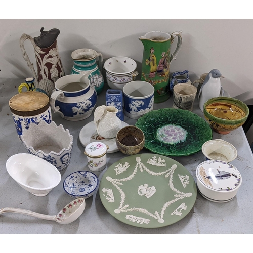 81 - A mixed lot to include a Majolica begonia plate, dale Hall pottery jug and other items
Location:9.2