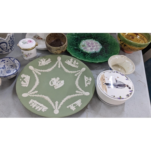 81 - A mixed lot to include a Majolica begonia plate, dale Hall pottery jug and other items
Location:9.2