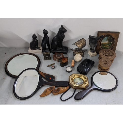 92 - A mixed lot to include an early 19th century copper snuff box, filigree model of a ship, hand mirror... 