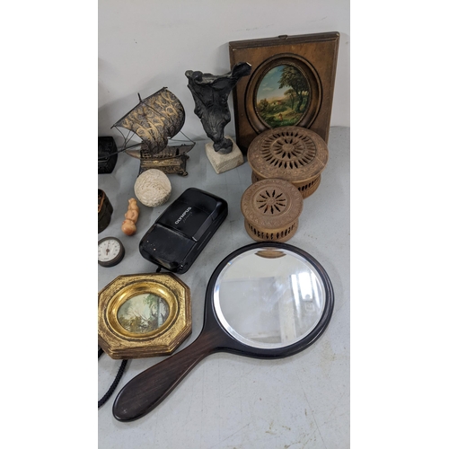 92 - A mixed lot to include an early 19th century copper snuff box, filigree model of a ship, hand mirror... 