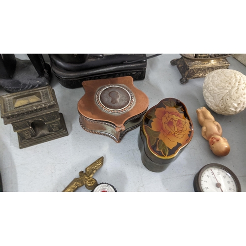 92 - A mixed lot to include an early 19th century copper snuff box, filigree model of a ship, hand mirror... 