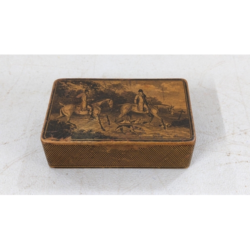 98 - A 19th century Mauchline ware box depicting a hunting scene entitled 'Going into Cover' A/F
Location... 