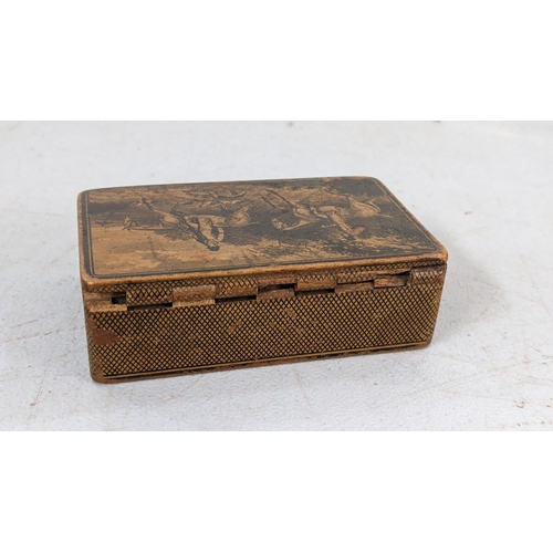 98 - A 19th century Mauchline ware box depicting a hunting scene entitled 'Going into Cover' A/F
Location... 