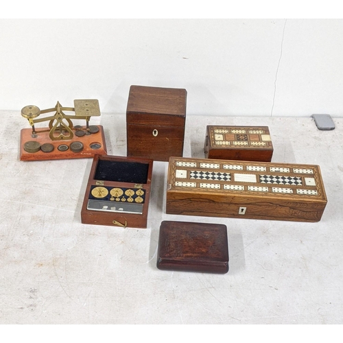 99 - A mixed lot to include a 19th century rosewood cribbage inlaid box, together with scientific weights... 