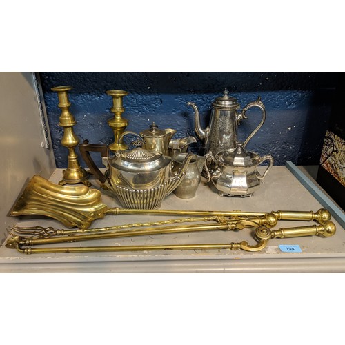 154 - Metalware to include a set of three brass fire irons, candlesticks and silver plate 
Location:5.5