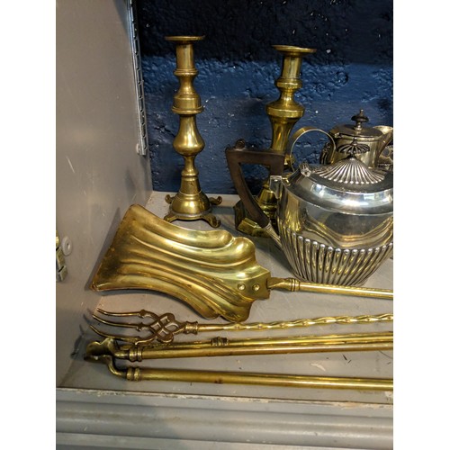 154 - Metalware to include a set of three brass fire irons, candlesticks and silver plate 
Location:5.5