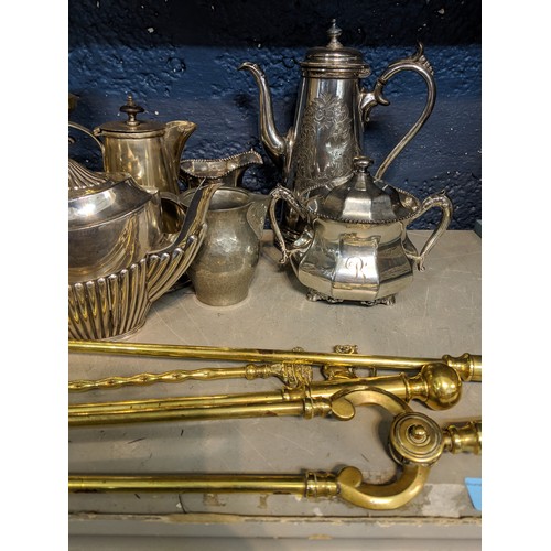 154 - Metalware to include a set of three brass fire irons, candlesticks and silver plate 
Location:5.5