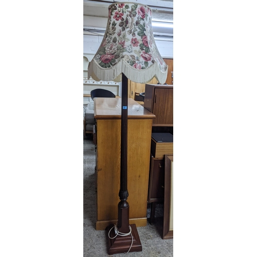 303 - Early 20th century mahogany turned standard lamp with fabric shape
Location:G