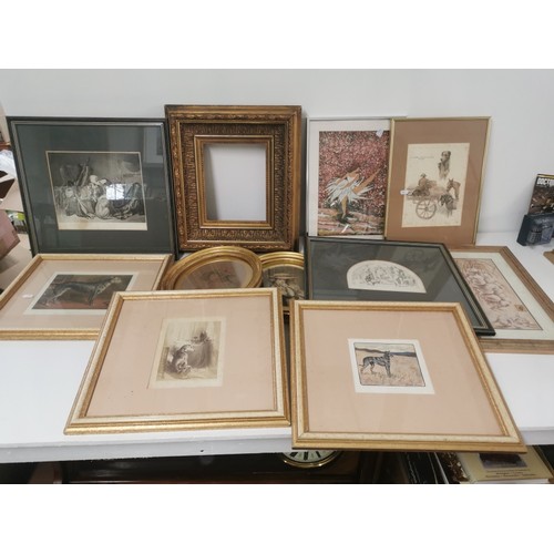 219 - Mixed pictures to include two early 20th century oval gilt framed etchings, etchings of dogs and oth... 