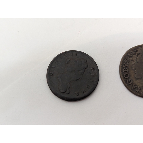 448 - Kingdom of England - a William and Mary undated 'Model Farthing', along with a James II 'Gun Money' ... 