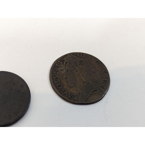 448 - Kingdom of England - a William and Mary undated 'Model Farthing', along with a James II 'Gun Money' ... 