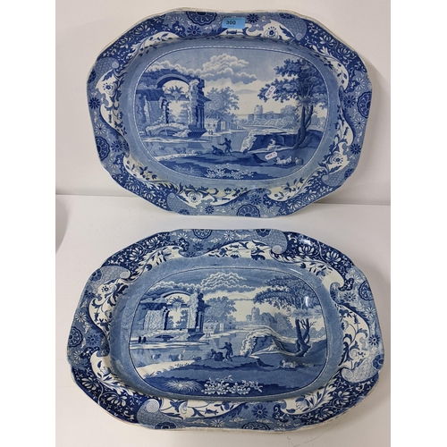 300 - Two early 19th century Copeland blue and white meat plates in Spode Italian pattern with gravy reser... 