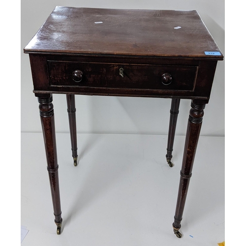 379 - An early 19th century mahogany side table having single drawer and turned legs 73cm h x 50.5cm w Loc... 