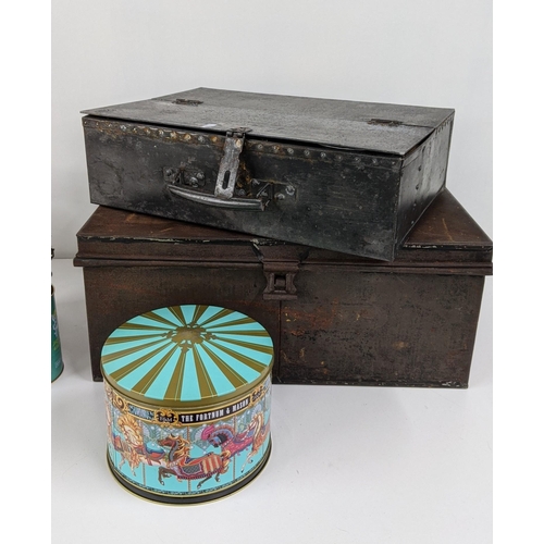 383 - A mid 20th century Buddy Hydraulic dump truck, along with a crane, together with two tin storage box... 