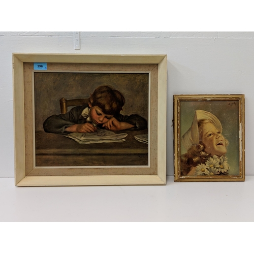 396 - A print depicting a boy drawing, indistinctly signed, 45 x39cm, together with an oil on canvas depic... 