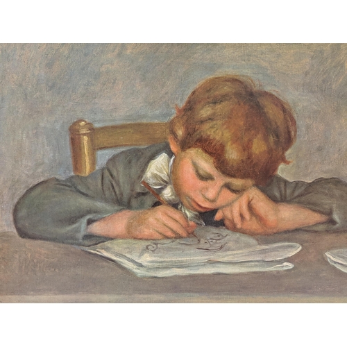 396 - A print depicting a boy drawing, indistinctly signed, 45 x39cm, together with an oil on canvas depic... 