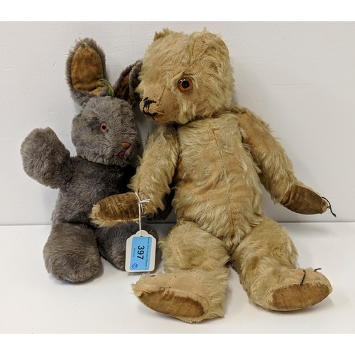 397 - Two stuffed toys, a rabbit and a bear, both with glass eyes 
Location:RAB