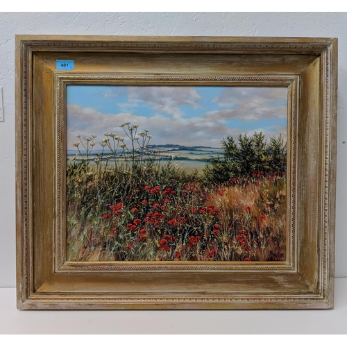 401 - Deborah Poynton oil on canvas depicting a landscape with hills in the background and poppies in the ... 