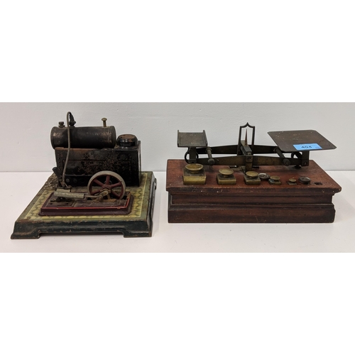 404 - A live steam engine A/F, and brass scales on a mahogany base Location:A3M