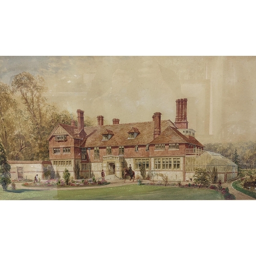 423 - An unsigned watercolour depicting a country house with figures to the foreground, 63cm x 35.5cm, fra... 