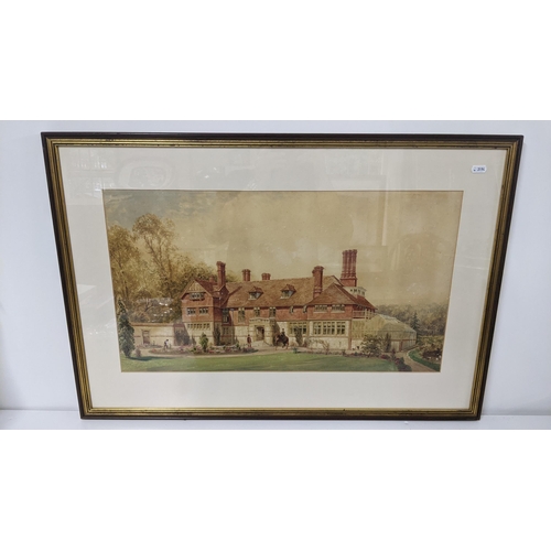 423 - An unsigned watercolour depicting a country house with figures to the foreground, 63cm x 35.5cm, fra... 